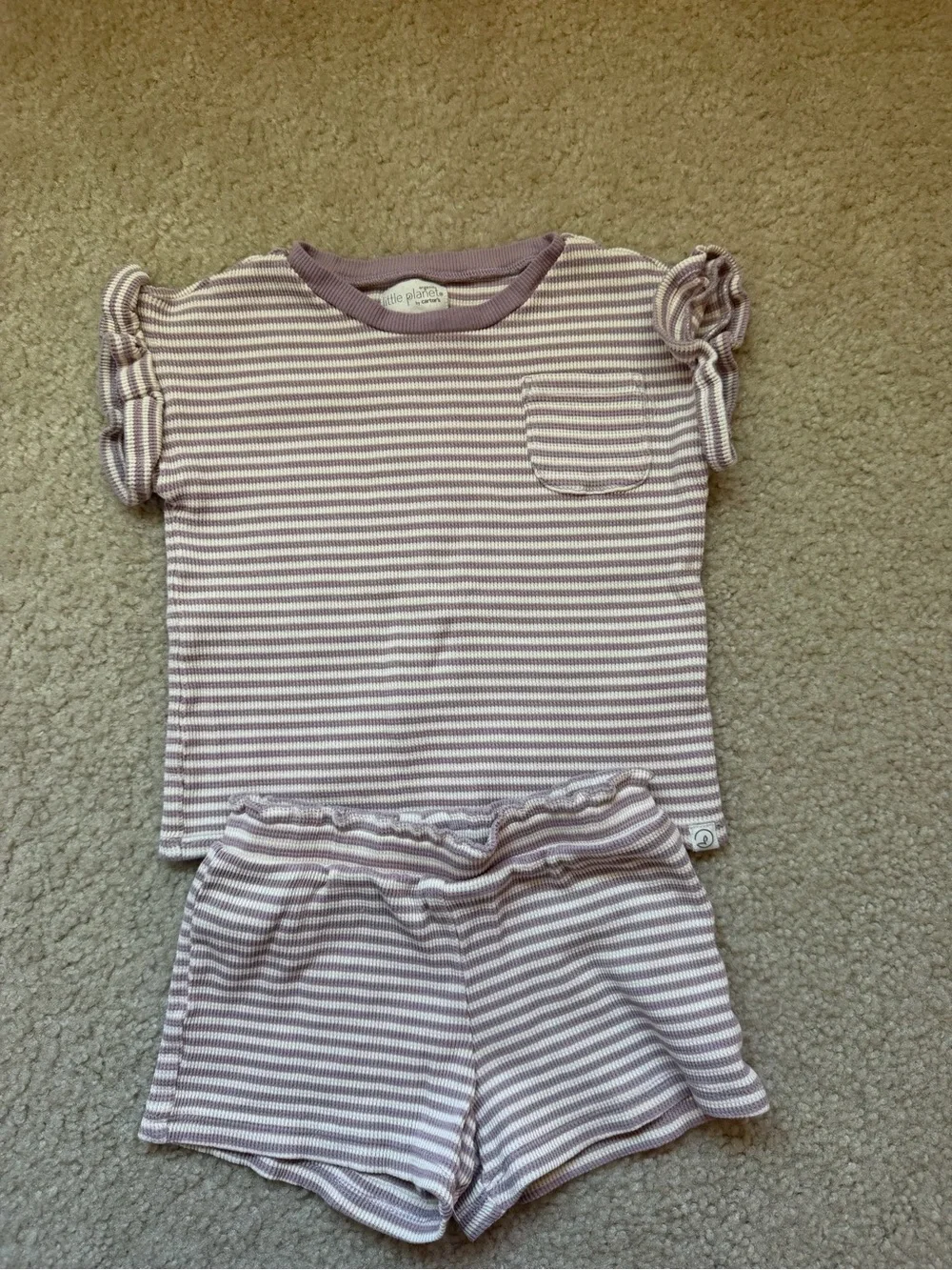 Little Planet organic girls purple and white striped shorts matching set 4T